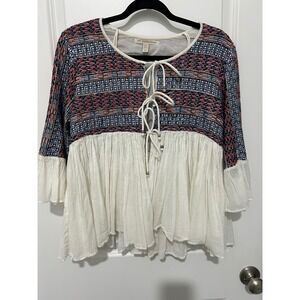 TRF Outerwear Embroidered Tie Neck Tunic Blouse‎ White Flared Sleeve Women's M